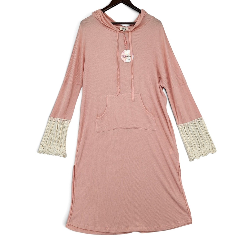 Hayden Los Angeles Womens L Pink Ribbed Hoodie Dress Crochet Lace Sleeves Lounge